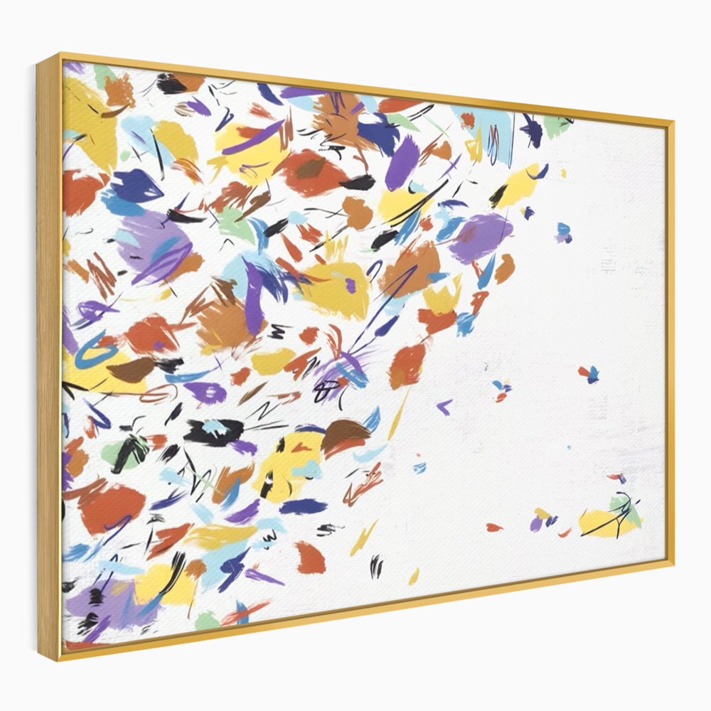 Tablou canvas cu pictura abstracta cu frunze colorate, in rama de aluminiu auriu